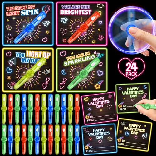 Shemira 24 Pack Valentines Day Cards for Kids 24 Light Up Spinning Toy Pens for Valentines Gifts Exchange Valentine School Classroom Favors for Kids Boys Girls Valentines Cards for Kid - Image 1