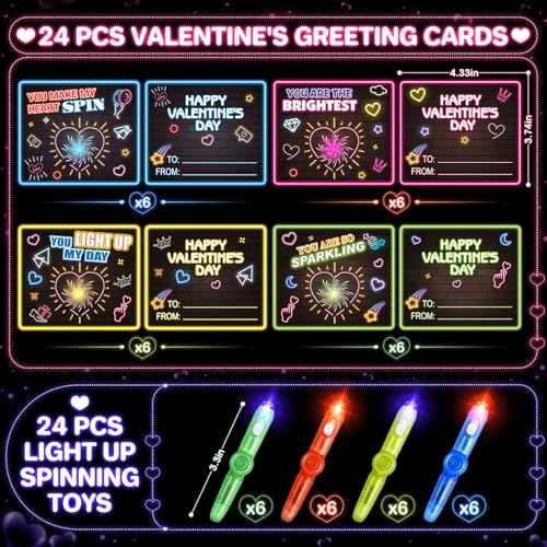 Shemira 24 Pack Valentines Day Cards for Kids 24 Light Up Spinning Toy Pens for Valentines Gifts Exchange Valentine School Classroom Favors for Kids Boys Girls Valentines Cards for Kid - Image 5