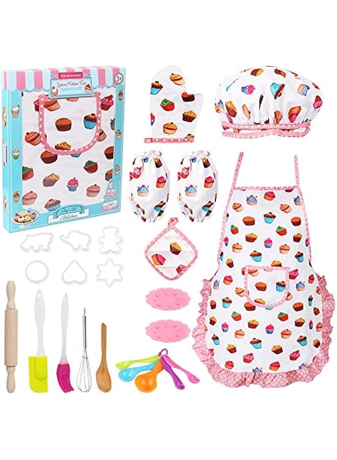 Cute Kids Cooking and Baking Sets, 24 Pcs Kids Aprons for Girls Toddler Chef Hat Apron Dress Up Chef Costume, Little Girl Apron Sets Pretend Gifts for 3 4 5 6 7 8 Years Old Girls - Image 1