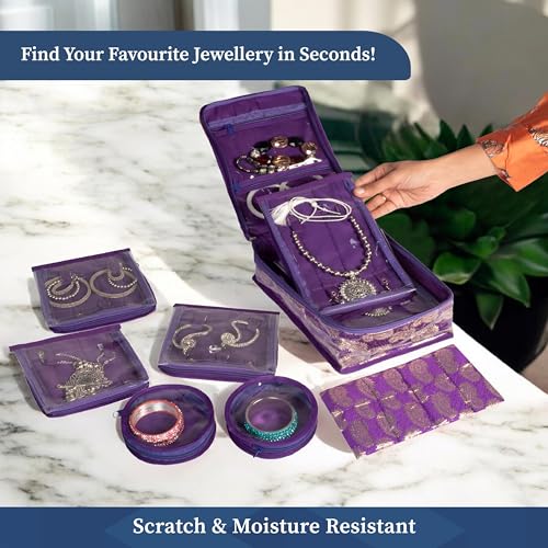 HomeStrap Brocade Jewellery Organizer/Storage with 12 Pouches- Purple (Shark Tank Product) - Image 5