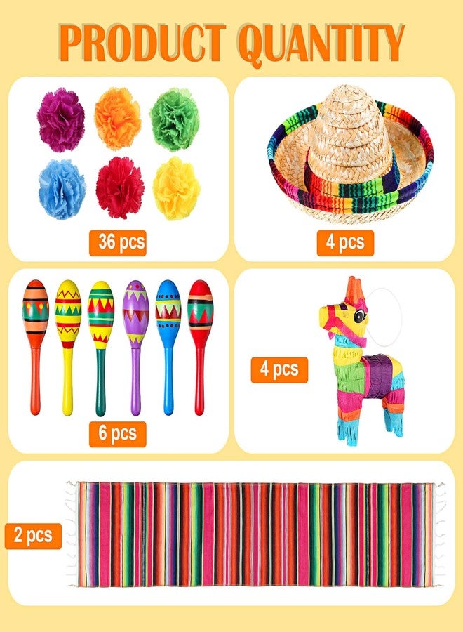Sratte 94 Pcs Fiesta Decoration Colorful Wooden Fiesta Maracas Table Runner Mini Donkey Piñata Mini Sombrero Marigold Flower - Image 2