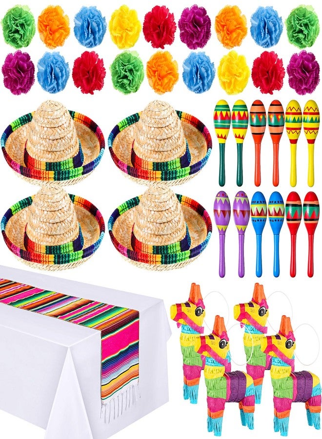 Sratte 94 Pcs Fiesta Decoration Colorful Wooden Fiesta Maracas Table Runner Mini Donkey Piñata Mini Sombrero Marigold Flower - Image 1