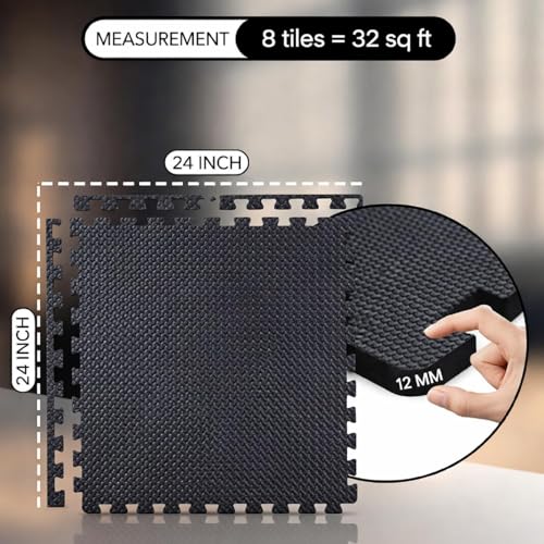 EASY HOME Interlocking Floor Gym Mats for Home and Living Room, Rubber Floor Workout Mat for Exercise, Super Absorbent EVA Foam Mat- 60x60cm - 12mm Thickness, Black (4 Tiles - 16Sqft) - Image 5