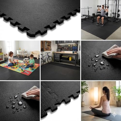 EASY HOME Interlocking Floor Gym Mats for Home and Living Room, Rubber Floor Workout Mat for Exercise, Super Absorbent EVA Foam Mat- 60x60cm - 12mm Thickness, Black (4 Tiles - 16Sqft) - Image 4