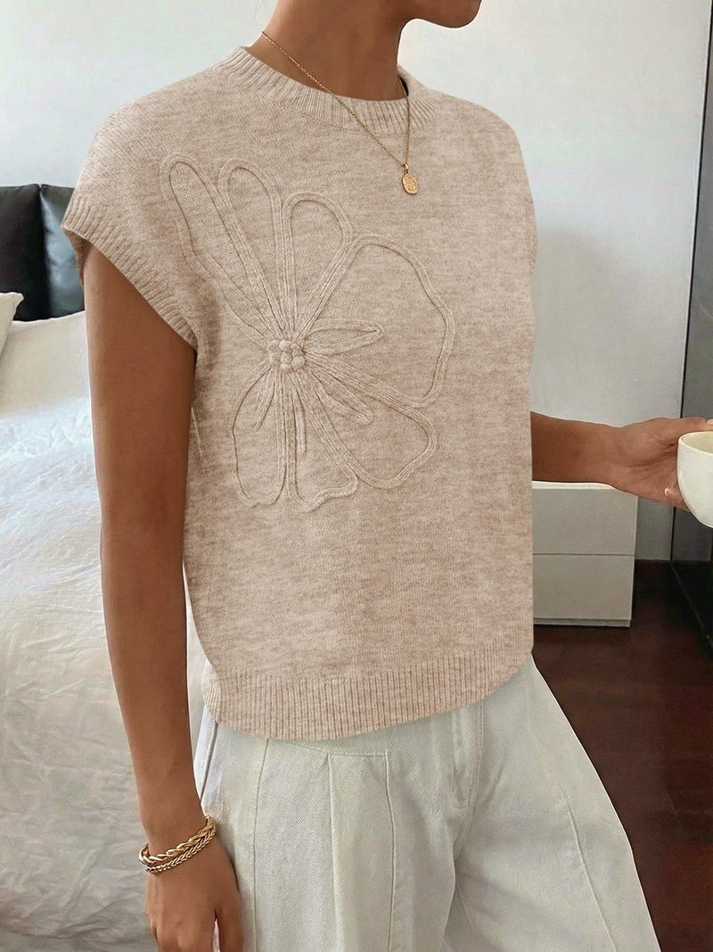 Saodimallsu Womens Short Sleeve Sweater Trendy Floral Pullover Sweaters Summer Casual Crewneck Lightweight Knit Tops Apricot - Image 4