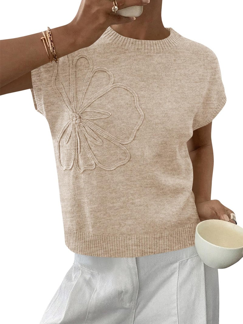 Saodimallsu Womens Short Sleeve Sweater Trendy Floral Pullover Sweaters Summer Casual Crewneck Lightweight Knit Tops Apricot - Image 1