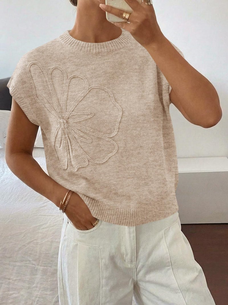 Saodimallsu Womens Short Sleeve Sweater Trendy Floral Pullover Sweaters Summer Casual Crewneck Lightweight Knit Tops Apricot - Image 3