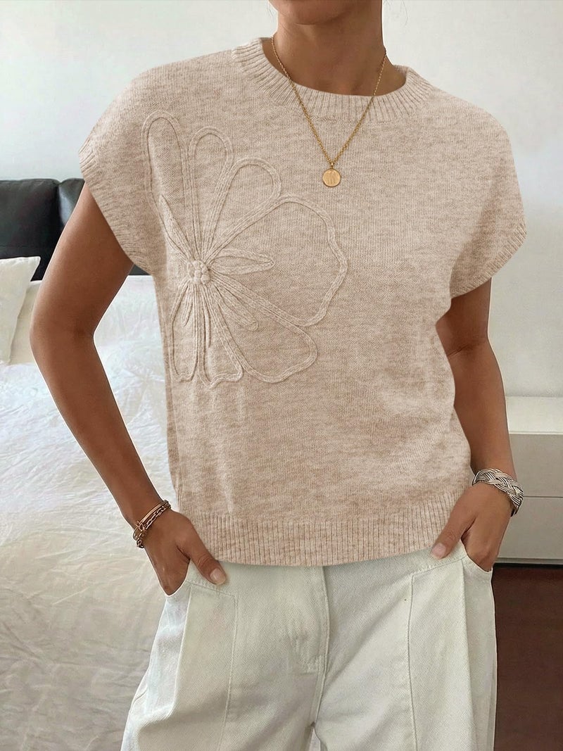 Saodimallsu Womens Short Sleeve Sweater Trendy Floral Pullover Sweaters Summer Casual Crewneck Lightweight Knit Tops Apricot - Image 2