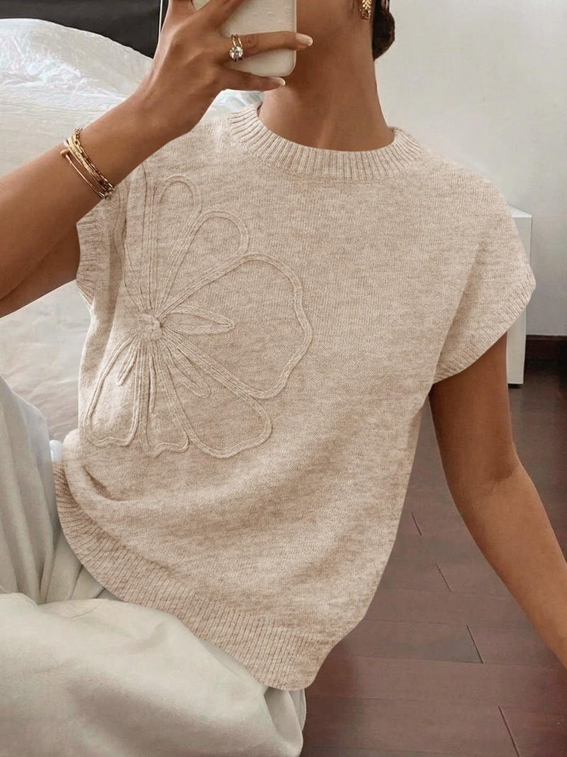 Saodimallsu Womens Short Sleeve Sweater Trendy Floral Pullover Sweaters Summer Casual Crewneck Lightweight Knit Tops Apricot - Image 5