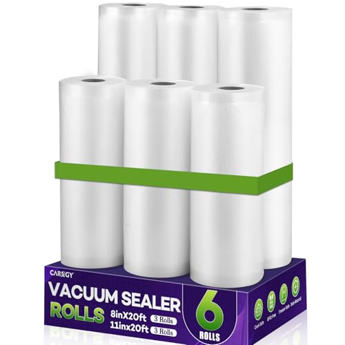 CAREGY Food Vacuum Sealer Rolls Bags 6 Pack 3 Rolls 8 x 20 and 3 Rolls 11x 20 Commercial Grade BPA Free Bag Rolls Embossed Food Saver Bags for Meal PrepSous Vide Cooking and Food Storage - Image 1