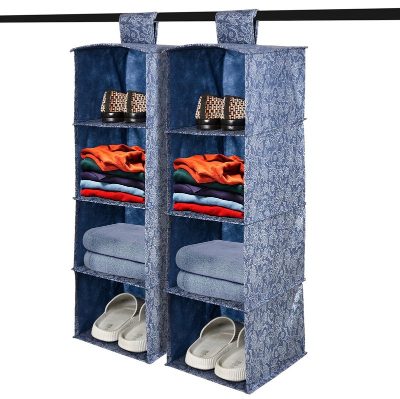 Kuber Industries Kuber Industries 4 Shelf Foldable Storage Rack | Clothes Hanging Organizer | Shoe Storage Organizer | Closet Organizer with Velcro | Shoe Rack with Flower Printed | Pack of 2 | Navy Blue  - Image 1