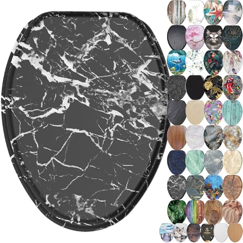 SANILO Wooden Toilet Seat with Soft Close [ELONGATED] - Decorative, Quiet & Slow Close Molded Wood Seat - With Strong Bumpers & Hinges - Adjustable Fit - Marble Black - Image 1