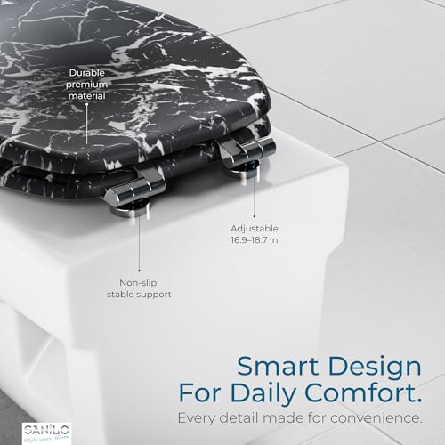 SANILO Wooden Toilet Seat with Soft Close [ELONGATED] - Decorative, Quiet & Slow Close Molded Wood Seat - With Strong Bumpers & Hinges - Adjustable Fit - Marble Black - Image 3