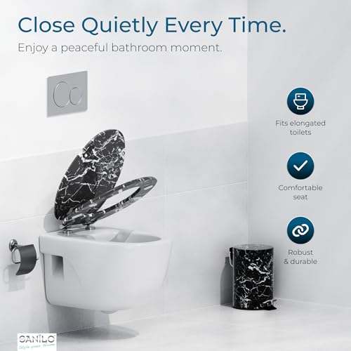 SANILO Wooden Toilet Seat with Soft Close [ELONGATED] - Decorative, Quiet & Slow Close Molded Wood Seat - With Strong Bumpers & Hinges - Adjustable Fit - Marble Black - Image 2