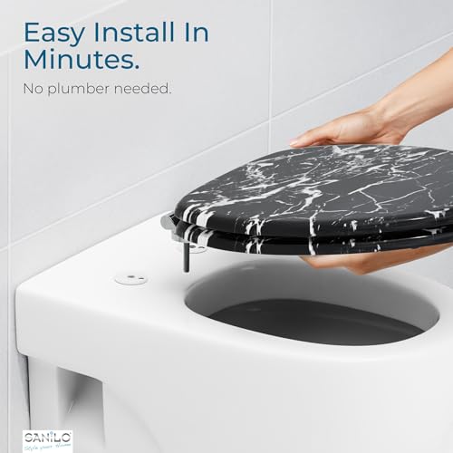 SANILO Wooden Toilet Seat with Soft Close [ELONGATED] - Decorative, Quiet & Slow Close Molded Wood Seat - With Strong Bumpers & Hinges - Adjustable Fit - Marble Black - Image 5