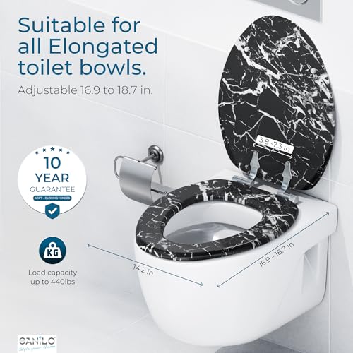SANILO Wooden Toilet Seat with Soft Close [ELONGATED] - Decorative, Quiet & Slow Close Molded Wood Seat - With Strong Bumpers & Hinges - Adjustable Fit - Marble Black - Image 4