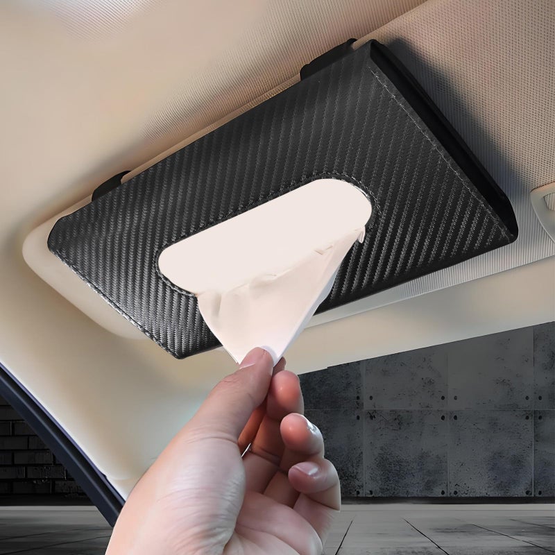 Hbxdeco Car Tissue Holder Leather Tissue Holder for Car Sun Visor Rectangular Auto Sun Visor Napkin Holder Mask Dispenser Universal Vehicle Tissue Box Sun Visor Accessory Carbon Fiber - Image 3