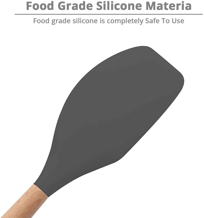 P-Plus International Heat Resistant Silicone Spatulas Set for Nonstick Cookware, Wooden Handle Spatulas, Rubber Spatula Kitchen Cooking Spoon Utensils Set (Grey, Pack of 1) - Image 3