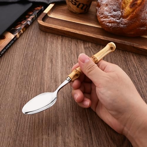 Uniturcky طقم ملاعق حلوى يونيترك مع مقبض من الخيزران، 8 قطع ملاعق حلوى من الفولاذ المقاوم للصدأ اللامع، أدوات مائدة طبيعية من الخيزران، تصميم إبداعي ملاعق صغيرة للمنازل والمطاعم، 6.65 بوصة، مصنوعة يدويًا - Image 5