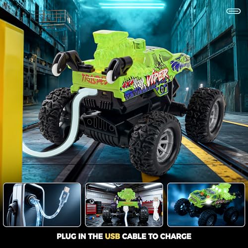 BEZGAR Monster Truck Toys 24GHz 164 Remote Control Car with Colorful Lights 360 Spins Metal Shell Remote Control Monster Truck for Boys Girls Age 6 7 8 9 10 Years OldGreen - Image 5
