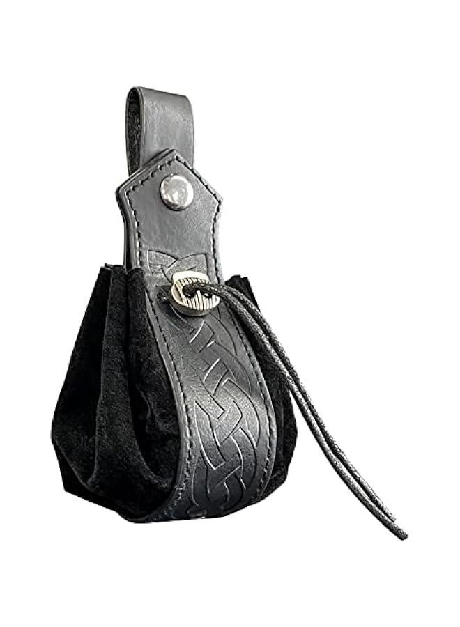 Medieval Faux Leather Drawstring Pouch, Retro Nordic Portable Coin Purse, Vintage Belt Pouch Dice Bag For LARP Ren Faire (Black A)  - Image 1