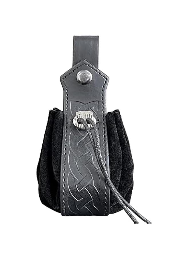Medieval Faux Leather Drawstring Pouch, Retro Nordic Portable Coin Purse, Vintage Belt Pouch Dice Bag For LARP Ren Faire (Black A)  - Image 2