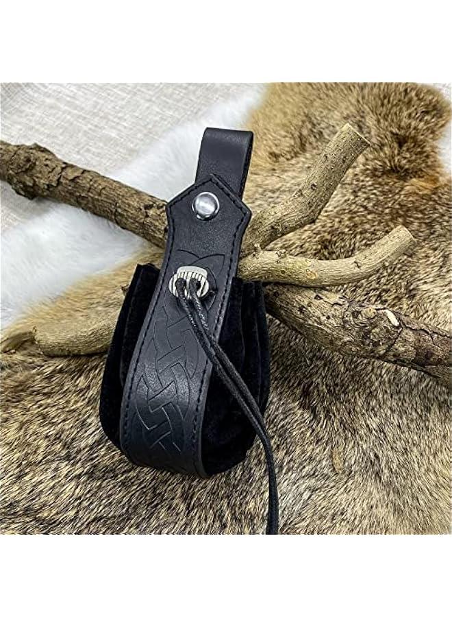 Medieval Faux Leather Drawstring Pouch, Retro Nordic Portable Coin Purse, Vintage Belt Pouch Dice Bag For LARP Ren Faire (Black A)  - Image 5
