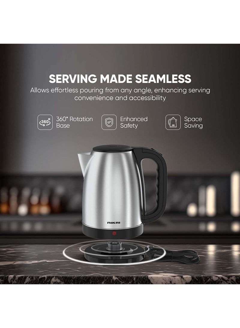 NIKAI 1.7L Stainless Steel Electric Kettle Stylish And Safe Boiling, Auto Shut Off, Indicator Light, 360° Rotating Base, Timeless Design, 1850-2200W, Matt Finish, Ideal For Home And Office Use 1.8 L 1800 W NK420A/ NK420AX Silver/Black - Image 4