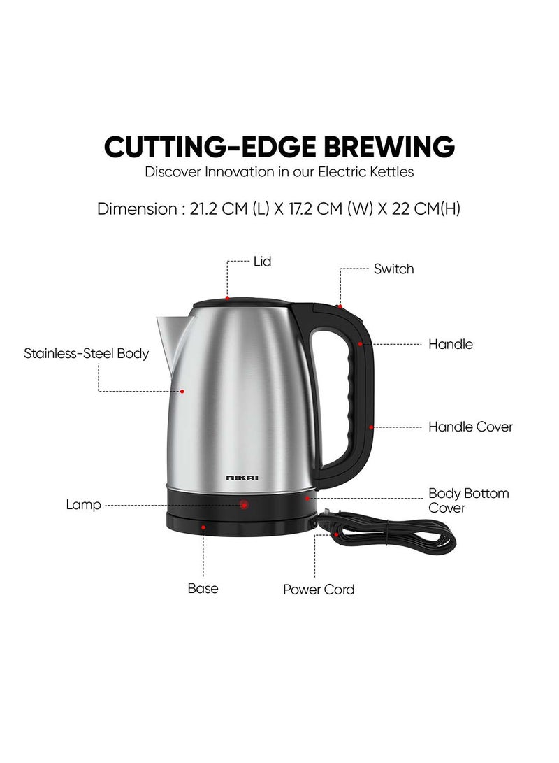 NIKAI 1.7L Stainless Steel Electric Kettle Stylish And Safe Boiling, Auto Shut Off, Indicator Light, 360° Rotating Base, Timeless Design, 1850-2200W, Matt Finish, Ideal For Home And Office Use 1.8 L 1800 W NK420A/ NK420AX Silver/Black - Image 5