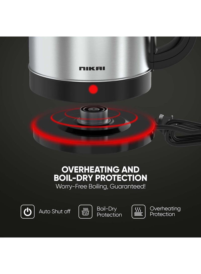 NIKAI 1.7L Stainless Steel Electric Kettle Stylish And Safe Boiling, Auto Shut Off, Indicator Light, 360° Rotating Base, Timeless Design, 1850-2200W, Matt Finish, Ideal For Home And Office Use 1.8 L 1800 W NK420A/ NK420AX Silver/Black - Image 3