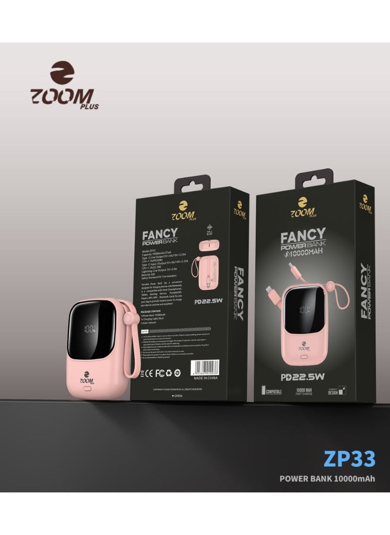 Zoom Plus ZP33 (FANCY) 10000mAh Digital Display Fast Charge Power Bank 22.5W With Built-in Dual-Cable Lightning And Type-C - Pink  - Image 2