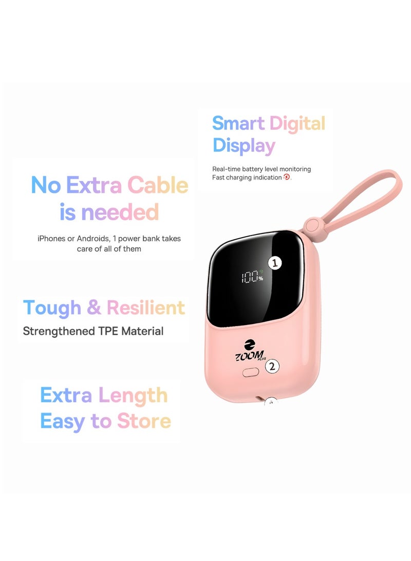 زوم بلس ZP33 (FANCY) بنك طاقة سريع الشحن بشاشة رقمية 10000 مللي أمبير/ساعة 22.5 واط مع كابل Lightning وType-C مدمجين - وردي - Image 3