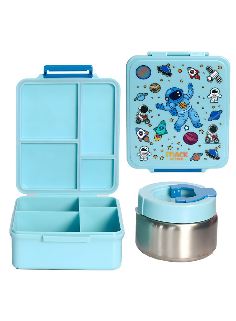 Snack attack صندوق غداء الأطفال بنمط رائد الفضاء الأزرق مع جرة حرارية - صندوق غداء من الفولاذ المقاوم للصدأ 4 أقسام مقاوم للتسرب مع ختم سيليكون - يحافظ على الطعام ساخنًا حتى 5 ساعات - خالي من BPA - Image 1