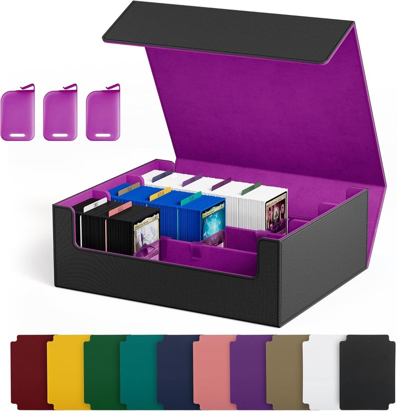UAONO Trading Card Storage Box, Holds 1800 Sleeved Cards with 10 Dividers & 3 Stoppers, Magnetic Closure PU Leather Card Case for MTG, PTCG, YGO, Sports Cards (Black&Purple) - Image 1