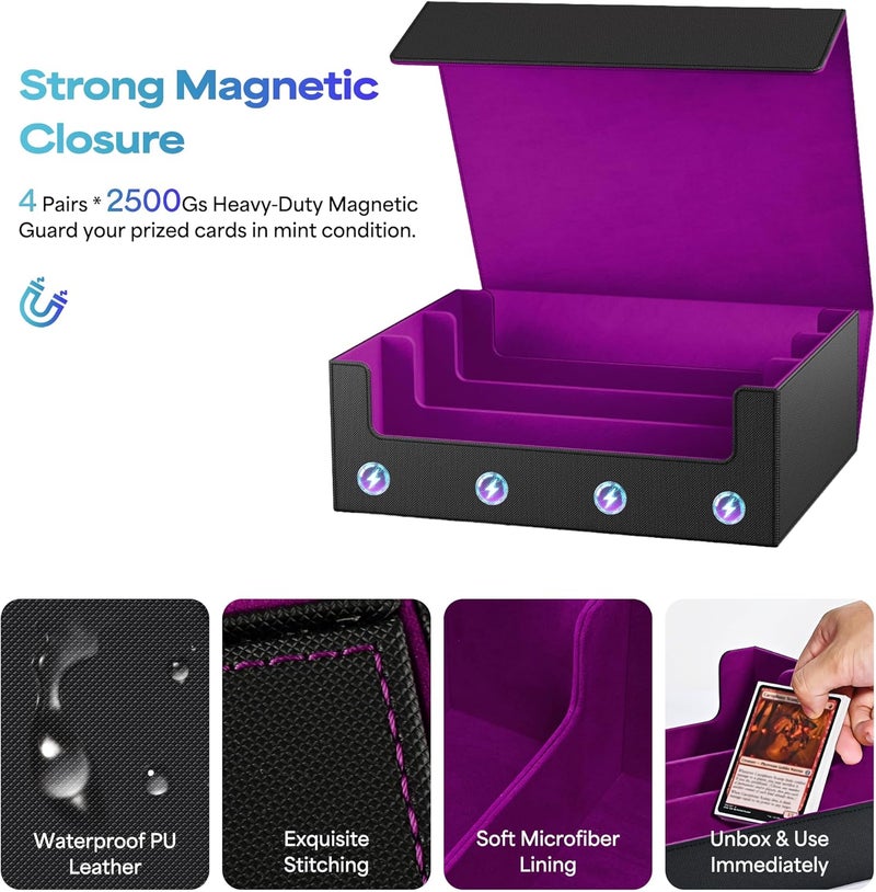 UAONO Trading Card Storage Box, Holds 1800 Sleeved Cards with 10 Dividers & 3 Stoppers, Magnetic Closure PU Leather Card Case for MTG, PTCG, YGO, Sports Cards (Black&Purple) - Image 5