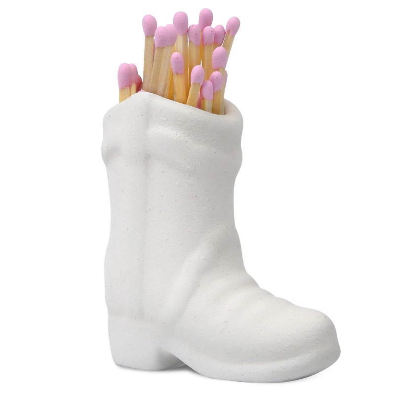 Cowboy Boot Match Holder With Striker Coastal Home Ceramic Cowgirl Boot Decor Aesthetic Small Cute Matchstick Box Western Decorative Mini Matchesboxes For Bathroom Bedroom Fireplace Kitchen white