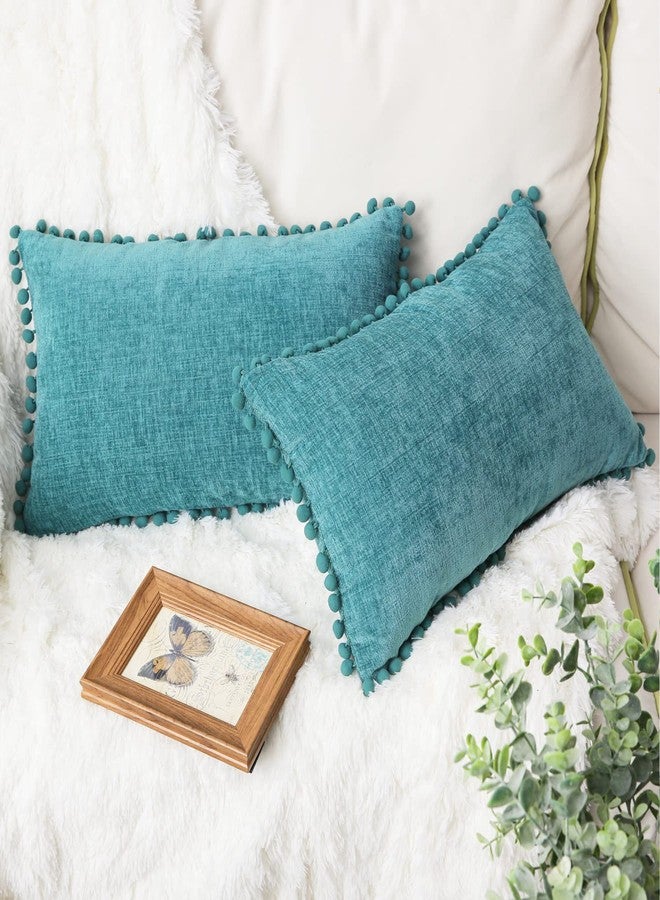 CaliTime Throw Pillow Covers Decorative 20 X 12 Inches Pack of 2 Cozy Solid Dyed Soft Chenille Cushion Cases with Pom Poms for Couch Sofa Bed Living Room Home Teal - Image 2