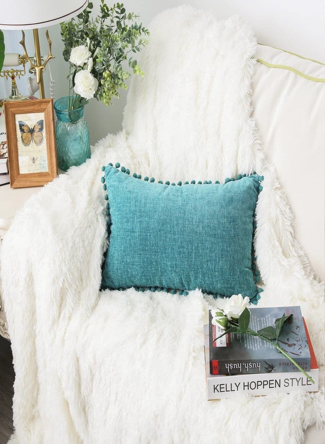 CaliTime Throw Pillow Covers Decorative 20 X 12 Inches Pack of 2 Cozy Solid Dyed Soft Chenille Cushion Cases with Pom Poms for Couch Sofa Bed Living Room Home Teal - Image 3
