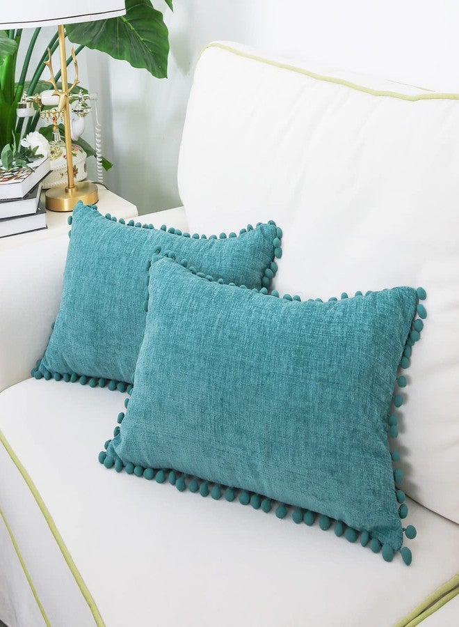 CaliTime Throw Pillow Covers Decorative 20 X 12 Inches Pack of 2 Cozy Solid Dyed Soft Chenille Cushion Cases with Pom Poms for Couch Sofa Bed Living Room Home Teal - Image 4