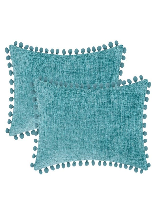 CaliTime Throw Pillow Covers Decorative 20 X 12 Inches Pack of 2 Cozy Solid Dyed Soft Chenille Cushion Cases with Pom Poms for Couch Sofa Bed Living Room Home Teal - Image 1
