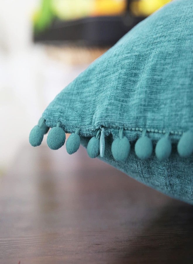 CaliTime Throw Pillow Covers Decorative 20 X 12 Inches Pack of 2 Cozy Solid Dyed Soft Chenille Cushion Cases with Pom Poms for Couch Sofa Bed Living Room Home Teal - Image 5