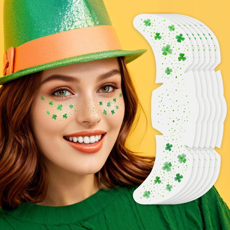 ملصقات وشم الوجه ليوم سانت باتريك، إكسسوارات يوم سانت باتريك، نمط البرسيم الأخضر، وشوم مؤقتة، ملابس يوم سانت باتريك للنساء، مكياج ملصقات البرسيم ذو الأربع أوراق للأطفال، 6 قطع
