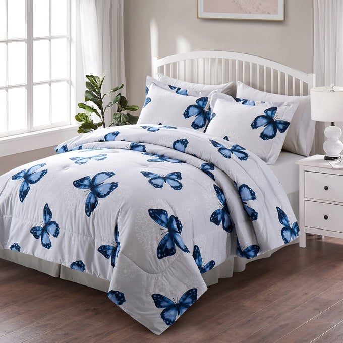 BUTTERFLY PATTERN BED IN A BAG BEDDING 8 PIECE KING COMFORTER SETS 1 COMFORTER 2 PILLOW SHAMS 1 FLAT SHEET 1 FITTED SHEET 1 BED SKIRT 2 PILLOWCASESBLUE