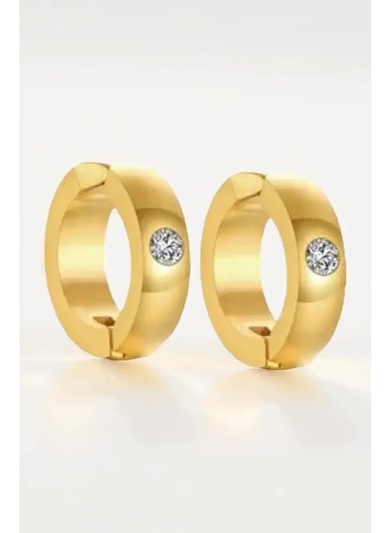 Luxuria Women's round, thick, gold-plated earrings featuring a sparkling zircon stone in the center. - Image 2