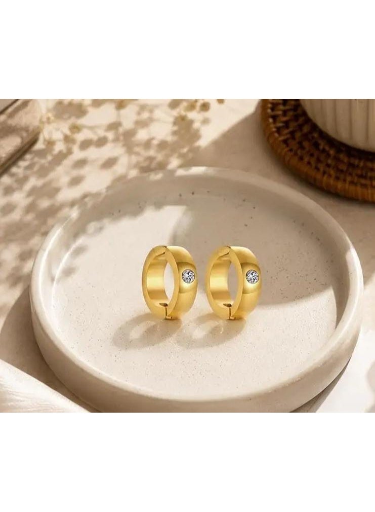 Luxuria Women's round, thick, gold-plated earrings featuring a sparkling zircon stone in the center. - Image 5