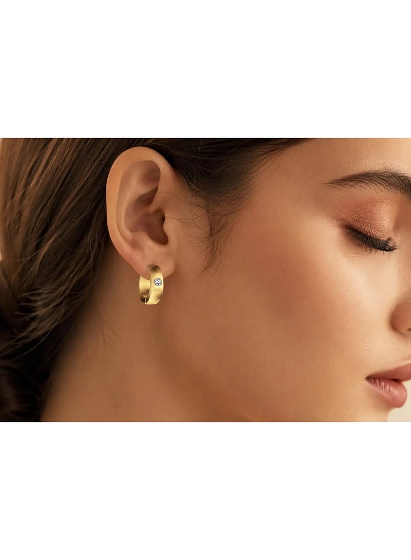 Luxuria Women's round, thick, gold-plated earrings featuring a sparkling zircon stone in the center. - Image 4