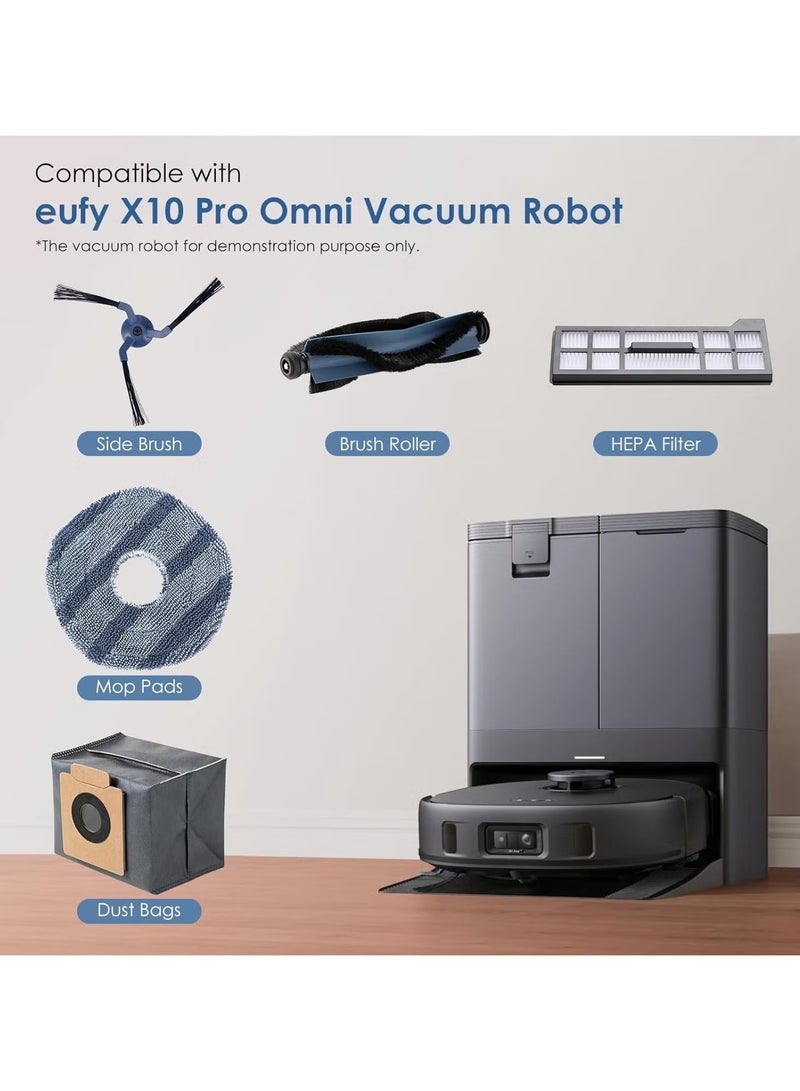 إيليلي 17 قطعة قطع غيار متوافقة مع قطع غيار مكنسة روبوت eufy X10 Pro Omni، 4 أكياس غبار، 4 قطع قماش ممسحة قابلة للغسل، 4 فرش جانبية، 4 فلاتر HEPA، فرشاة رئيسية واحدة، ملحقات X10 Pro Omni - Image 2