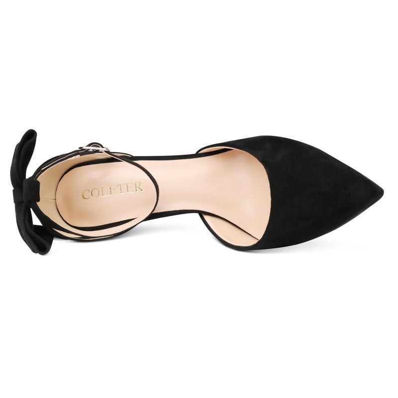 COLETER Women's Bowknot High Heels Platform D'Orsay Pumps Pointed Toe Stiletto Heels Ankle Strap Wedding Shoes Black 8US - Image 4