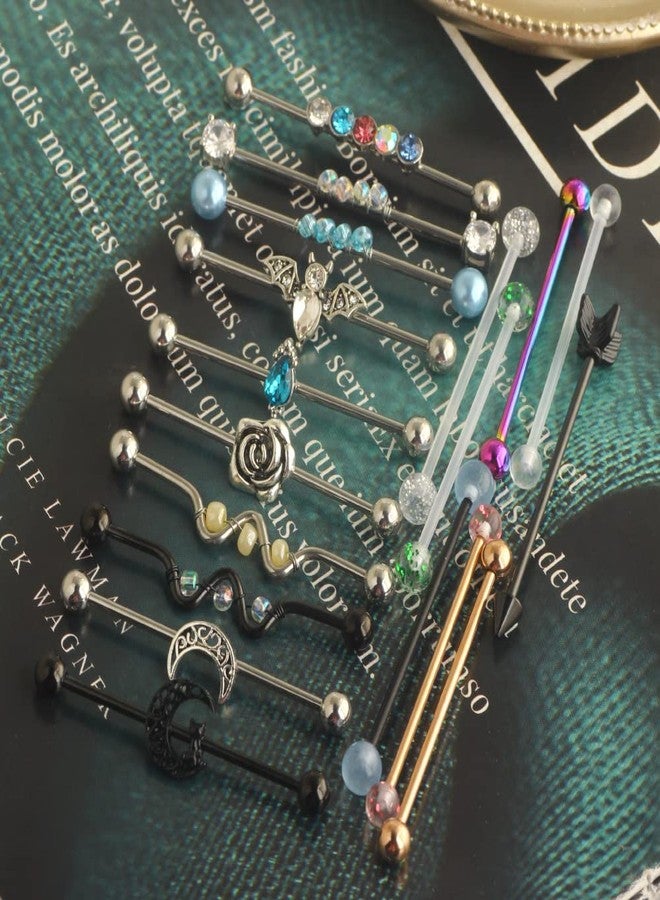Suotarn 14G Industrial Piercing Jewelry For Women Men Stainless Steel 38 Industrial Barbell Long Cartilage Helix Conch Earrings Stud 14G Gauges Industrial Jewelry Butterfly Heart Cool 18pcs (mix 18pcs) - Image 2