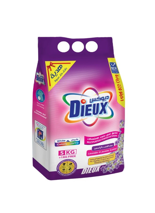 Dieux Dieux Multi-Purpose Laundry Detergent for Regular and Semi-Automatic Washing Machines, Lavender and Jasmine Scent, 5 kg + 1 kg Free, with a Special Gift Inside Each Pack  - Image 1